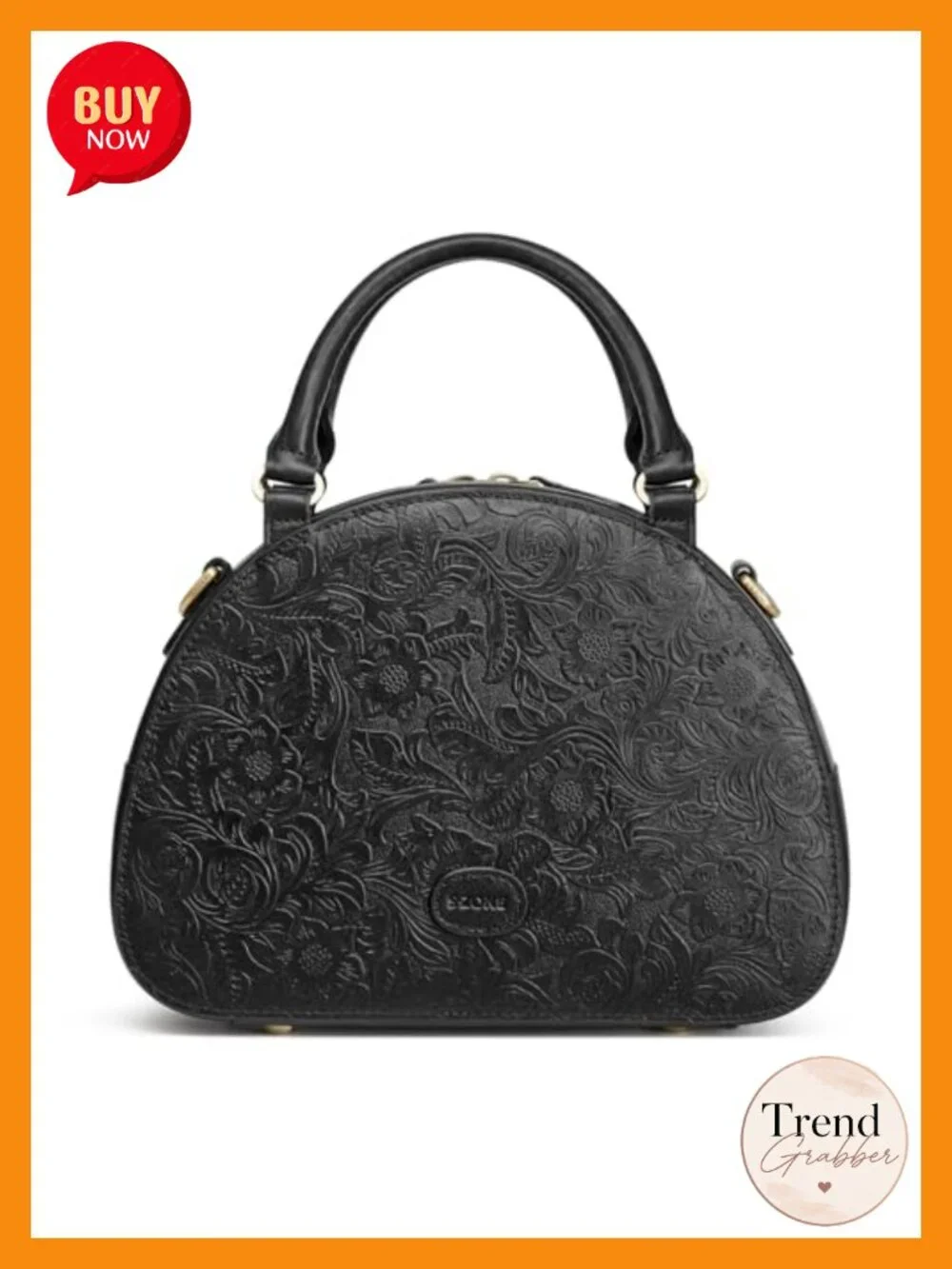 Genuine Leather Crossbody Satchel with Rose Embossed Design
